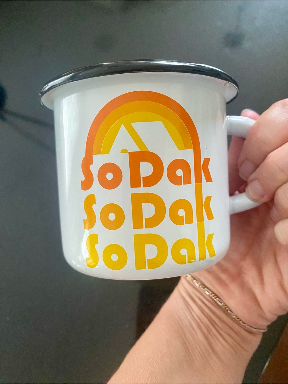 South Dakota (So Dak) White Enamel Mug with Orange & Yellow Retro Logo